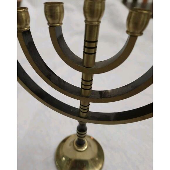Small Brass And Black Menorah Seven Candle Etched Jerusalem Hanukkah - Picture 5 of 9